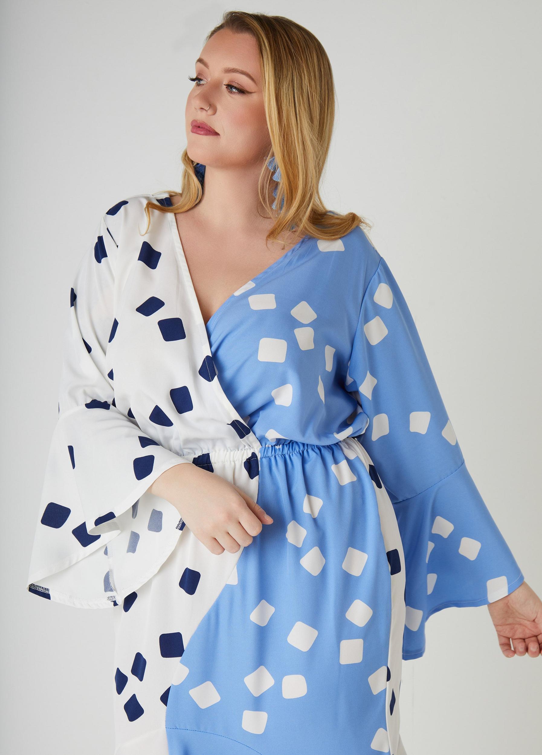 Printed Two Tone Faux Wrap Dress Product Image
