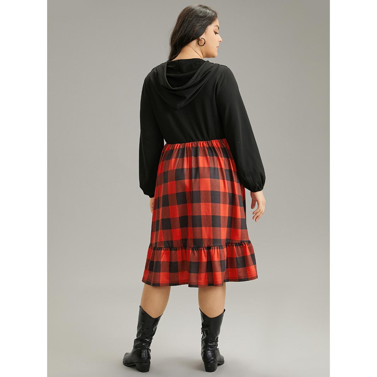 Plus Size Plaid Patchwork Ruffle Hem Hooded Lantern Sleeve Dress Black Women Casual Elastic cuffs Hooded Long Sleeve Curvy Midi Dress BloomChic 18-20/2X Product Image