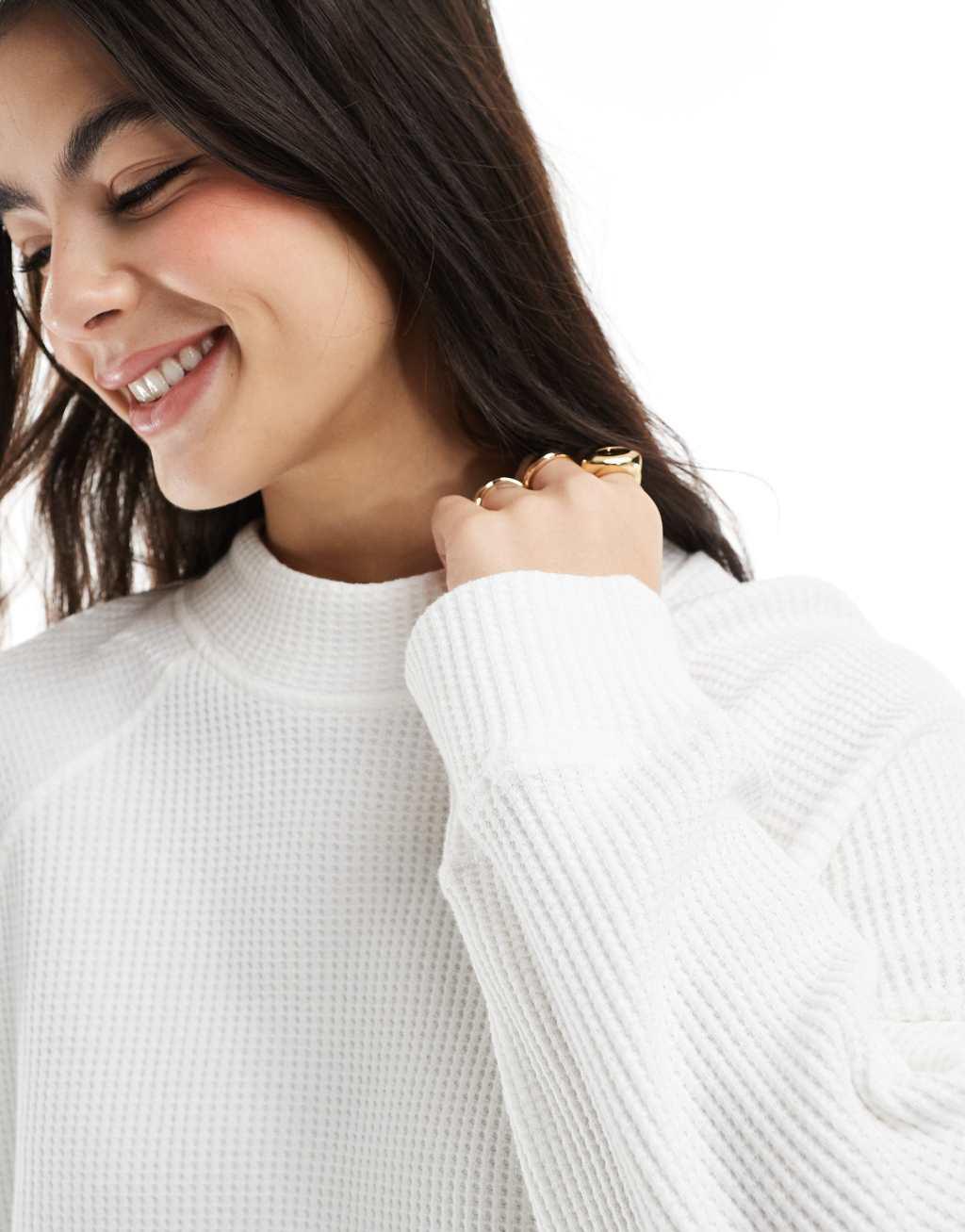 ASOS DESIGN heavyweight raglan high neck long sleeve waffle knit top in ecru Product Image