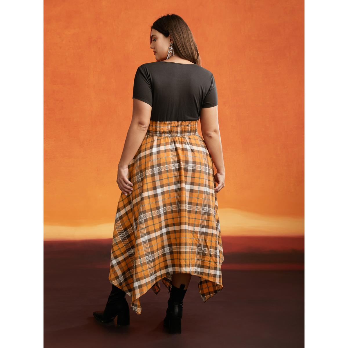 Plus Size Elastic Plaid Asymmetrical Hem Dress Brightorange Women Cocktail Wraparound straps Party Curvy Bloomchic 26/4X Product Image