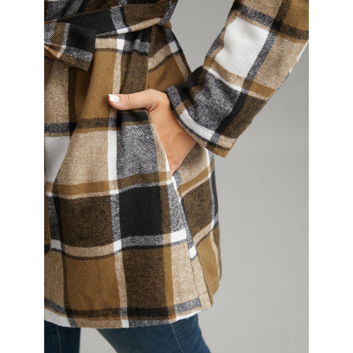 Plus Size Plaid Contrast Belted Lapel Collar Coat Women Tan Casual Belted Ladies Dailywear Winter Coats BloomChic 30/6X Product Image