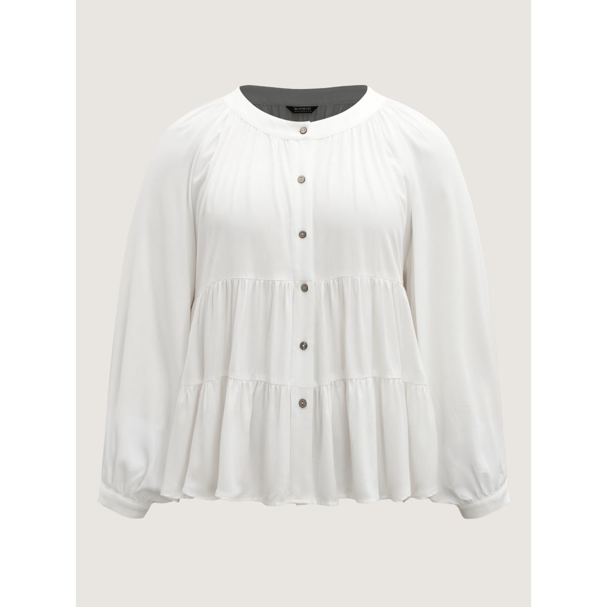 Plus Size Originalwhite Tiered Button Placket Puffy Sleeve Blouse Women Boho Extra Long Sleeve Round Neck Vacation Blouses BloomChic 18-20/2X Product Image