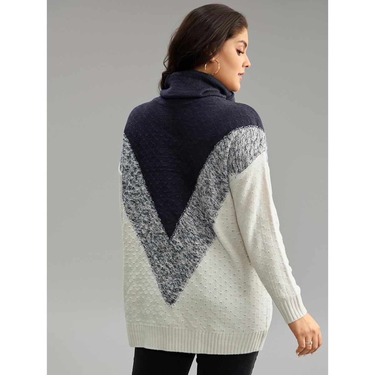 Plus Size Heather Colorblock Turtle Neck Pullover Midnight Women Casual Loose Long Sleeve Round Neck Dailywear Pullovers BloomChic 22-24/3X Product Image