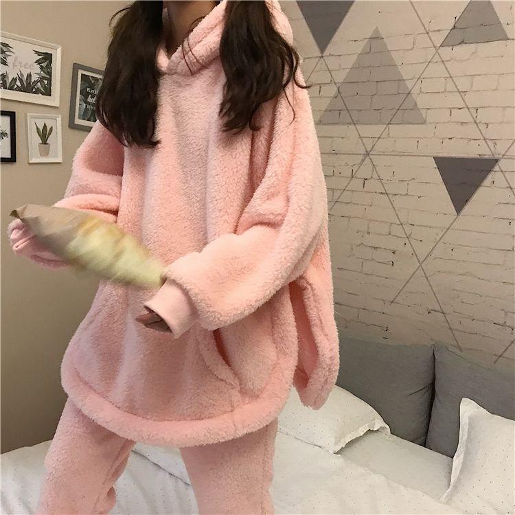 Pajama Set: Fluffy Bear Hoodie + Pants Product Image