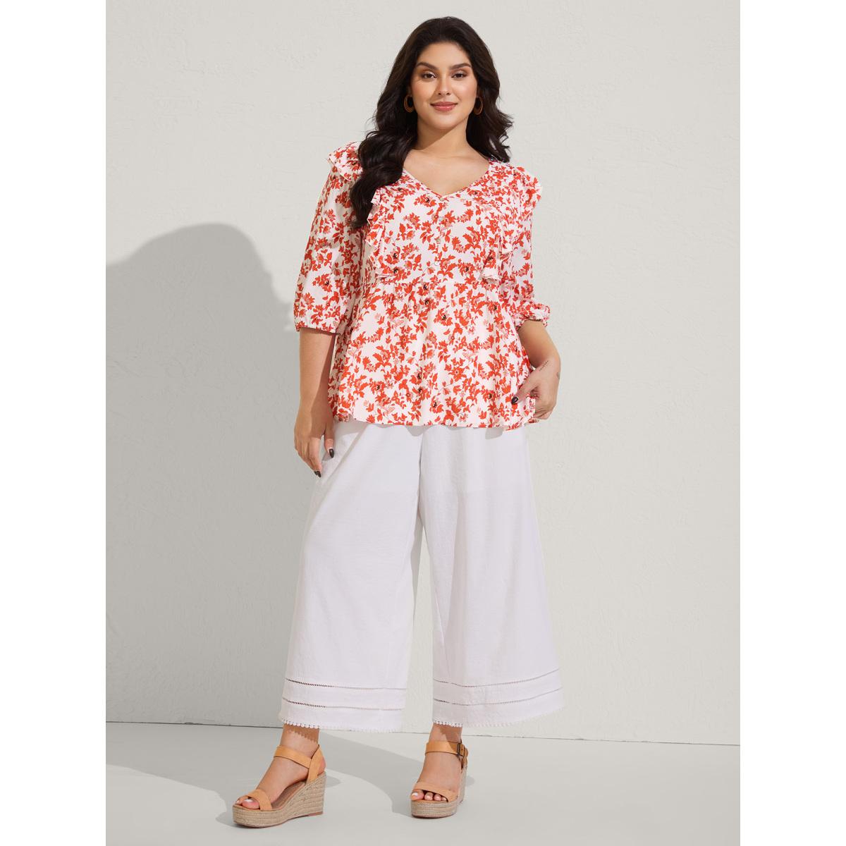 Plus Size Multicolor Sunkissed Florals Ruffled Trim Blouse Women Elbow-length sleeve V-neck Vacation Blouses BloomChic 28/5X Product Image