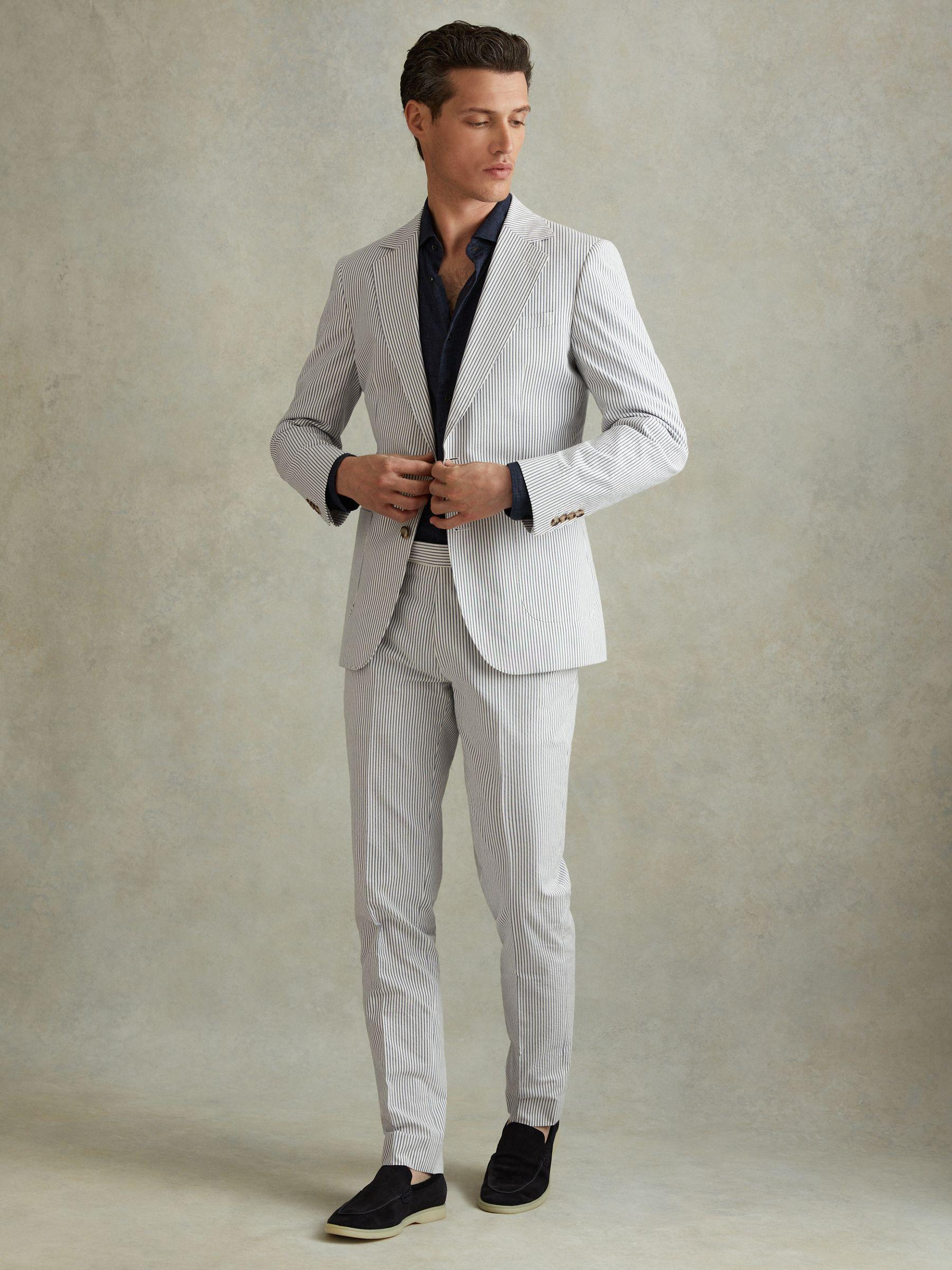Barr Soft Blue/White Cotton Seersucker Adjuster Slim Fit Trousers Product Image