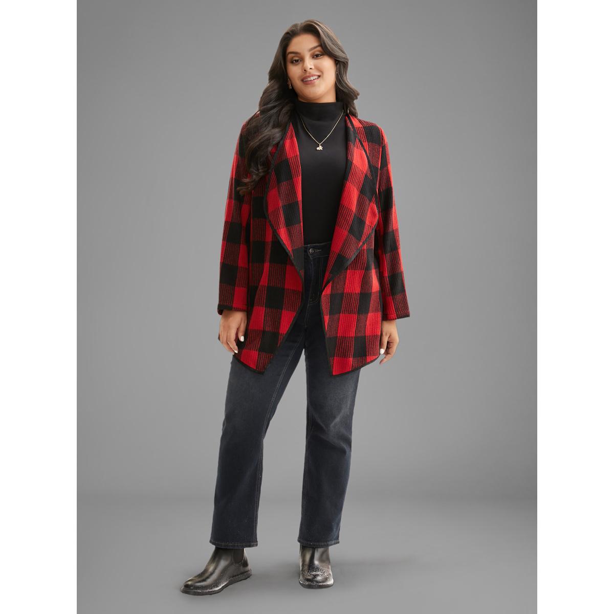 Plus Size Festive Plaid Curved Hem Cardigan Women Brightred Contrast Loose Side seam pocket Everyday Jackets BloomChic 14-16/1X Product Image