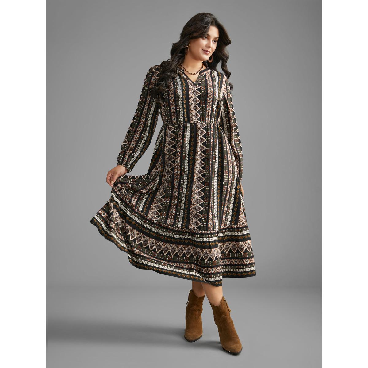 Plus Size Bandana Lantern Sleeve Ruffle Hem Dress Black Women Resort Non Notched collar Long Sleeve Curvy BloomChic 28/5X Product Image