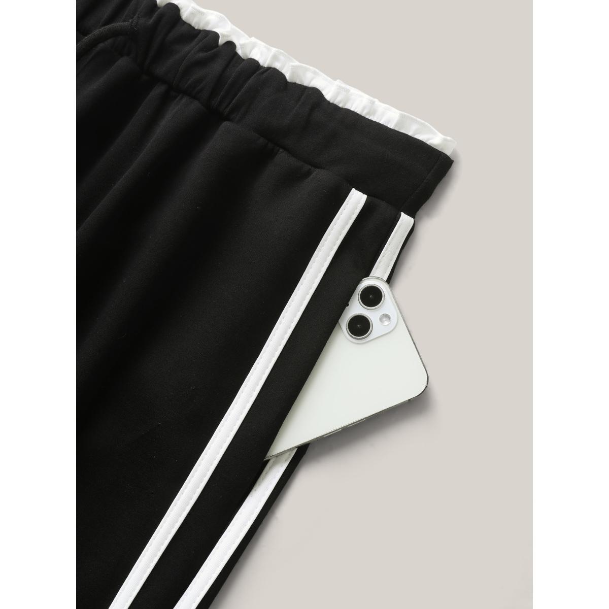 Plus Size Contrast Lines Drawstring Wide-Leg Pants Women Black Casual Wide Leg Mid Rise Everyday-Casual Pants BloomChic 30/6X Product Image