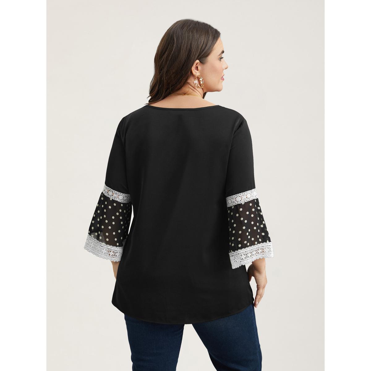 Plus Size Black Polka Dot Paneled V-Neck Flared Shirt Women Elegant Elbow-length sleeve V-neck Everyday Blouses BloomChic 10/M Product Image