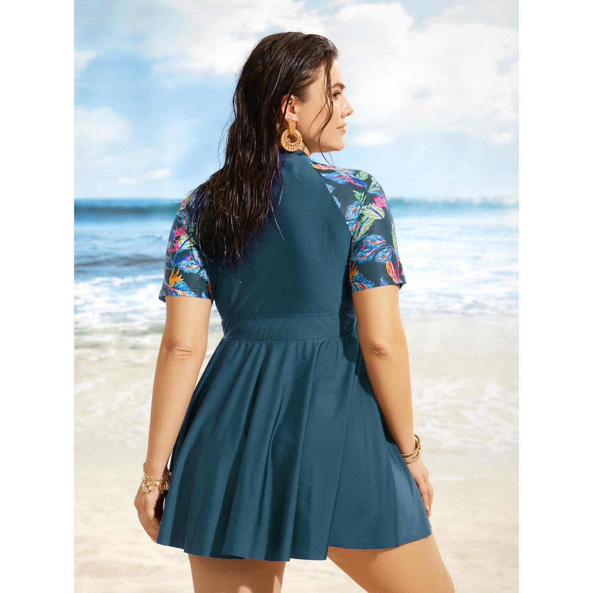 Plus Size Tropical Print Half Zip Raglan Sleeve Swim Dress Women's Swimwear Cyan Beach Bodycon Stand-up collar High stretch Curve Swim Dresses BloomChic 18-20/2X Product Image