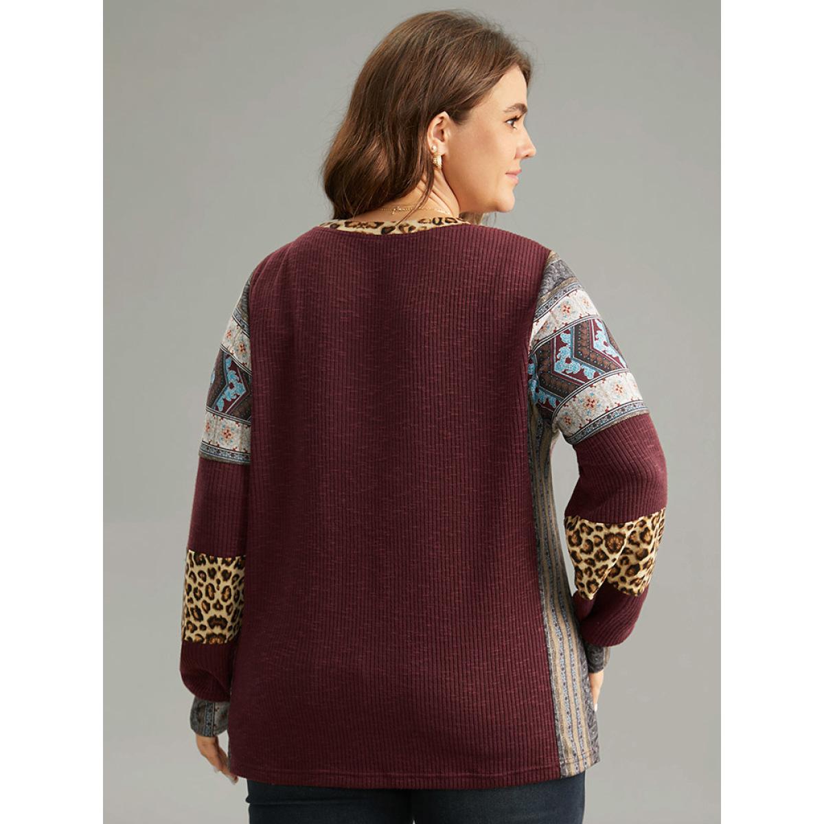 Plus Size Leopard Boho Print Round Neck Contrast Sweatshirt Women Burgundy Elegant Texture Round Neck Dailywear Sweatshirts BloomChic 14-16/1X Product Image