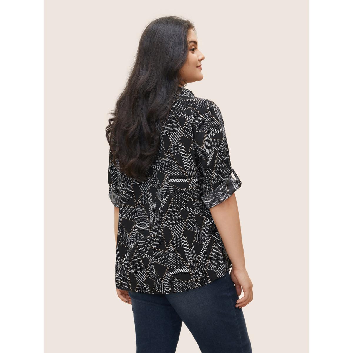 Plus Size Black Shirt Collar Geometric Tab Sleeve Blouse Women At the Office Elbow-length sleeve Shirt collar Work Blouses BloomChic 12/L Product Image