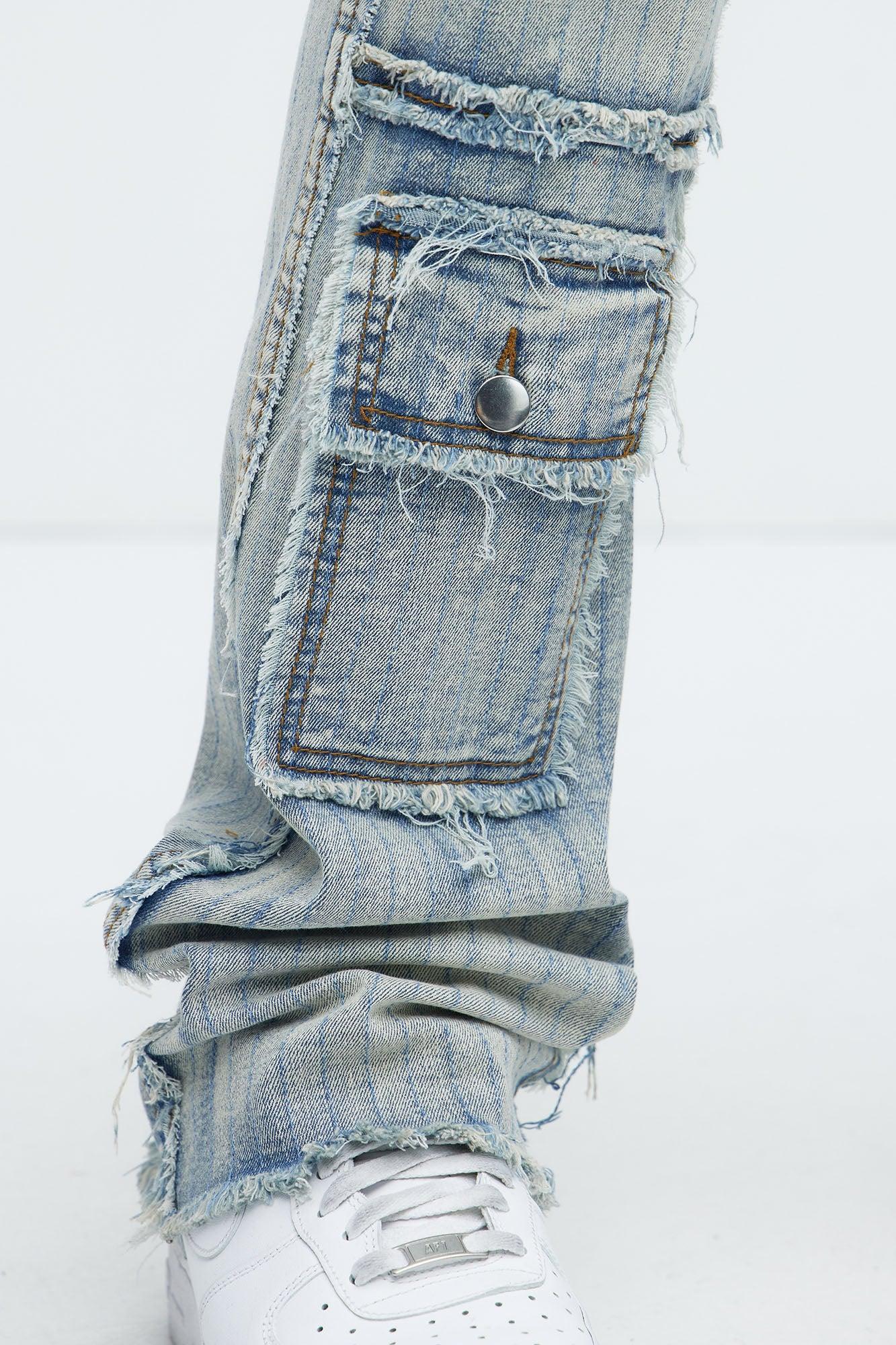 Stitched Down Cargo Stacked Skinny Flare Jeans - Light Wash Product Image