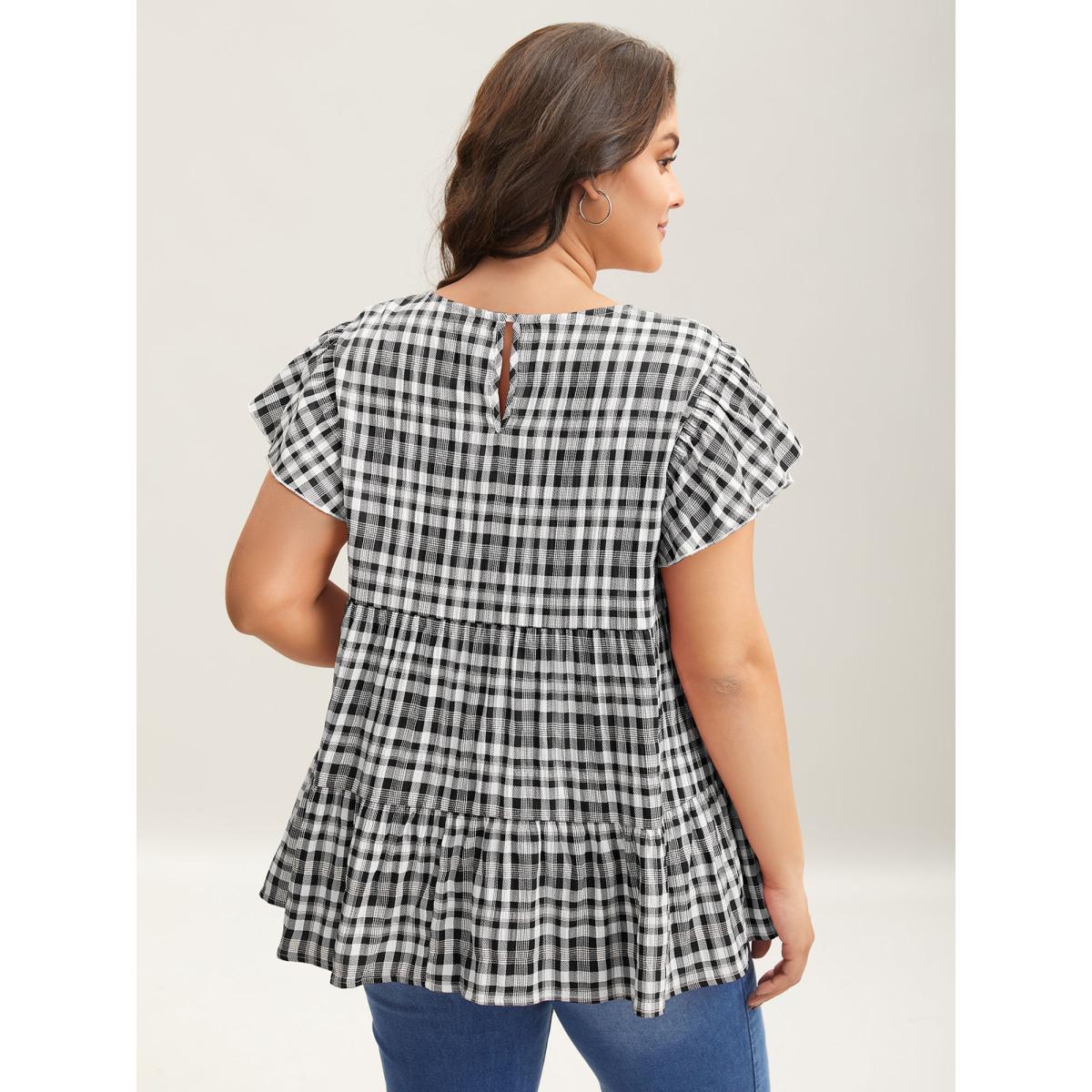 Plus Size Black Plaid Print Textured Lotus Leaf Sleeve Shirt Women Casual Cap Sleeve Round Neck Everyday Blouses BloomChic 22-24/3X Product Image