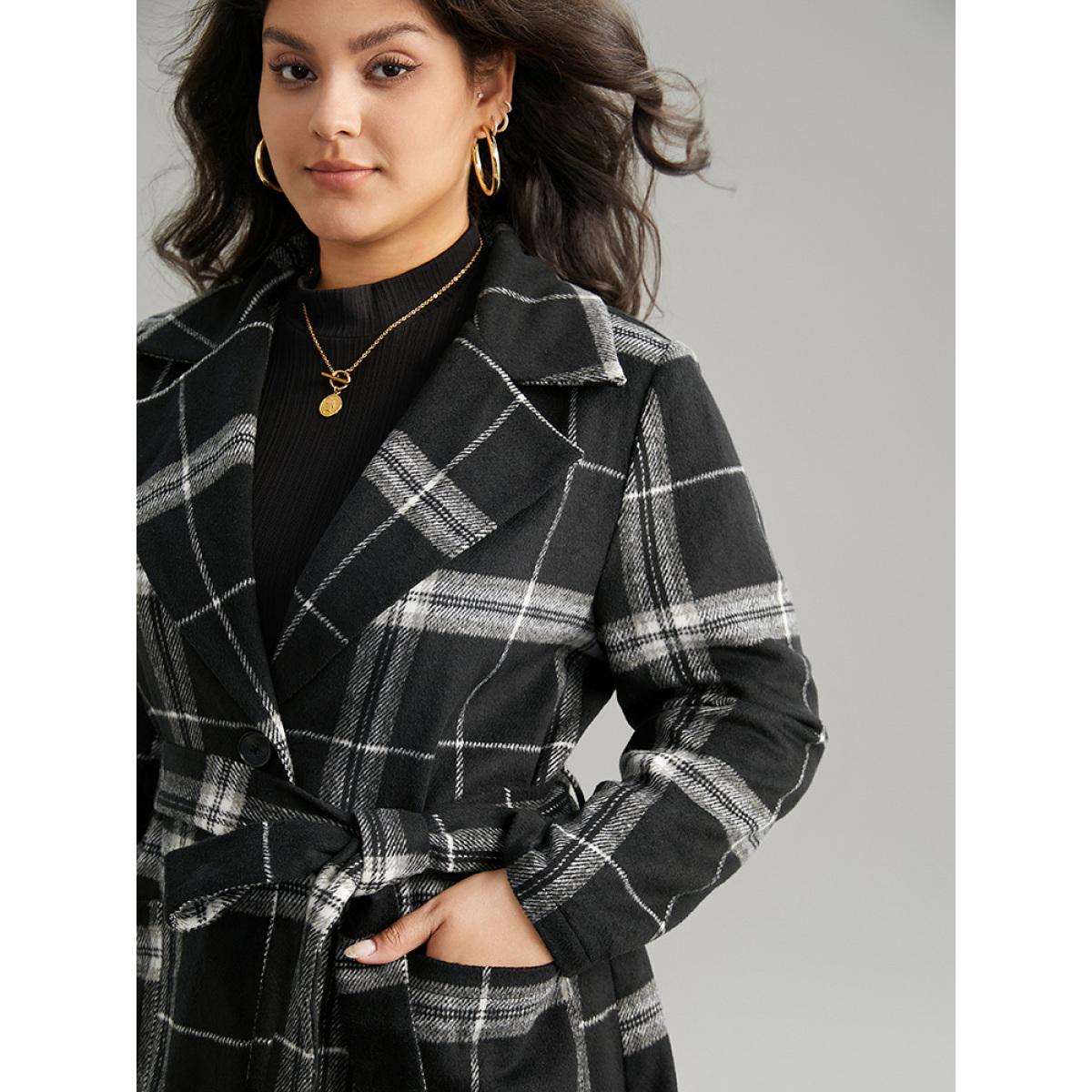 Plus Size Lapel Collar Plaid Belted Contrast Coat Women Black Casual Belted Ladies Dailywear Winter Coats BloomChic 22-24/3X Product Image