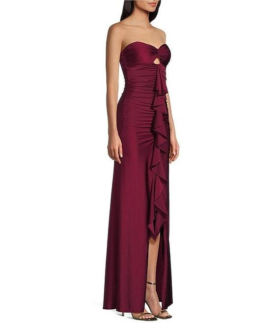 Honey and Rosie Strapless Sweetheart Neck Keyhole Center Ruffle Shirred Front Slit Gown Product Image