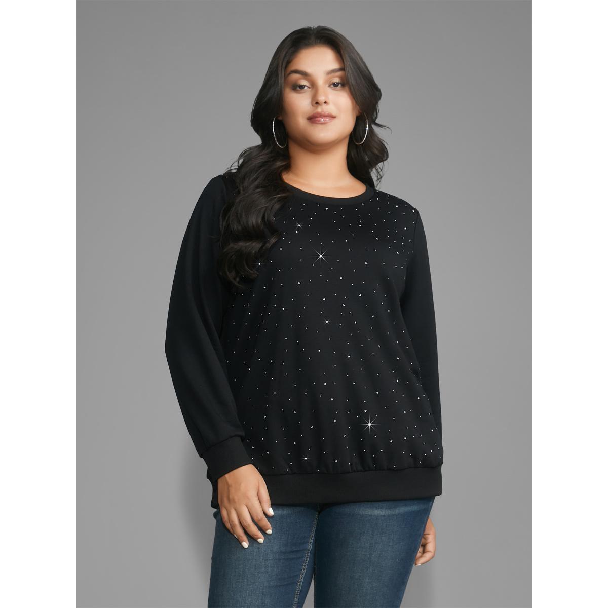 Plus Size Crew Neck Rhinestone Slightly Stretchy Sweatshirt Women Black Casual Rhinestone detailing Round Neck Everyday Sweatshirts BloomChic 12/L Product Image