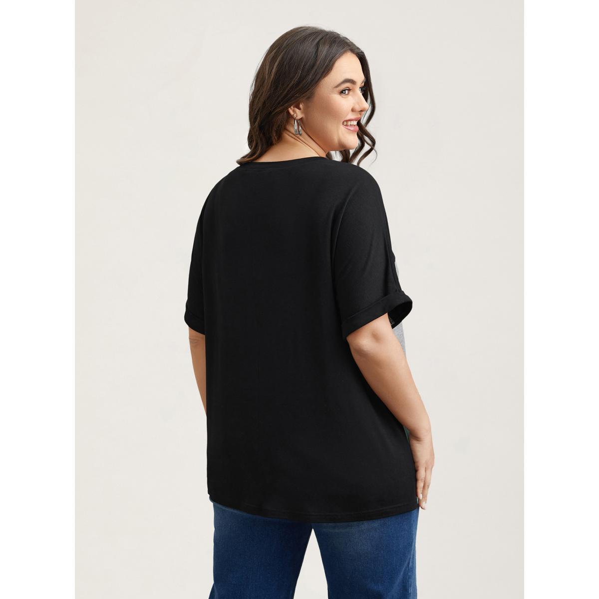 Plus Size Color Block Dolman Sleeve T-Shirt Multicolor Women Leisure Belted Round Neck Casual T-shirts BloomChic 28/5X Product Image