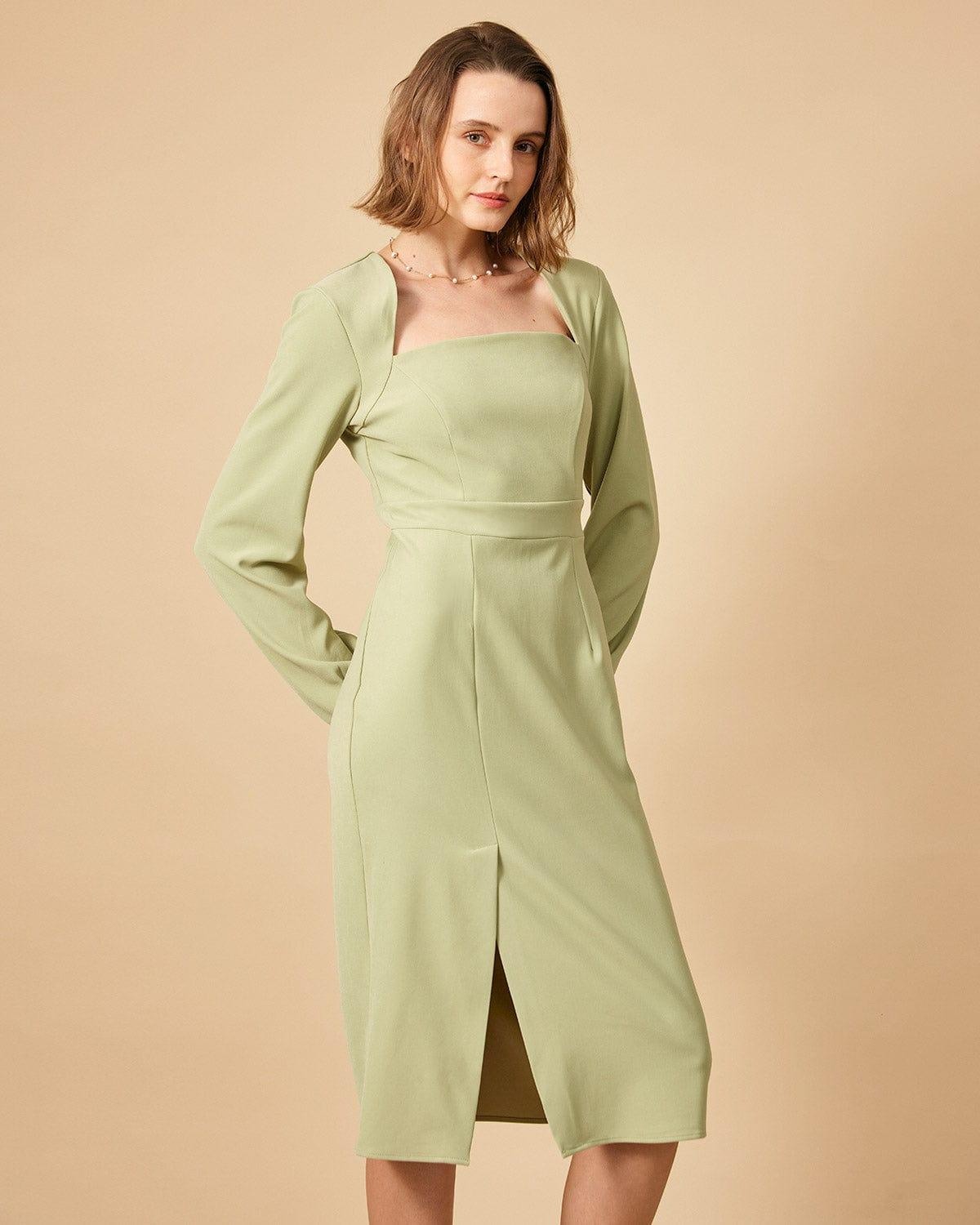 The Solid Square Neck Long Sleeve Dress Product Image