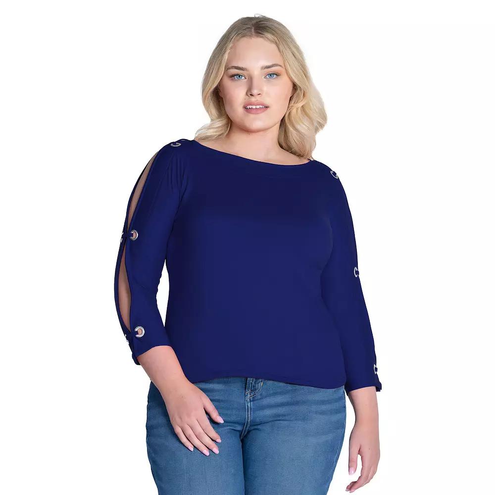 Plus Size 24Seven Comfort Apparel Boatneck 3/4-Sleeve Grommet Detailed Top, Women's, Size: 2XL, Red Product Image