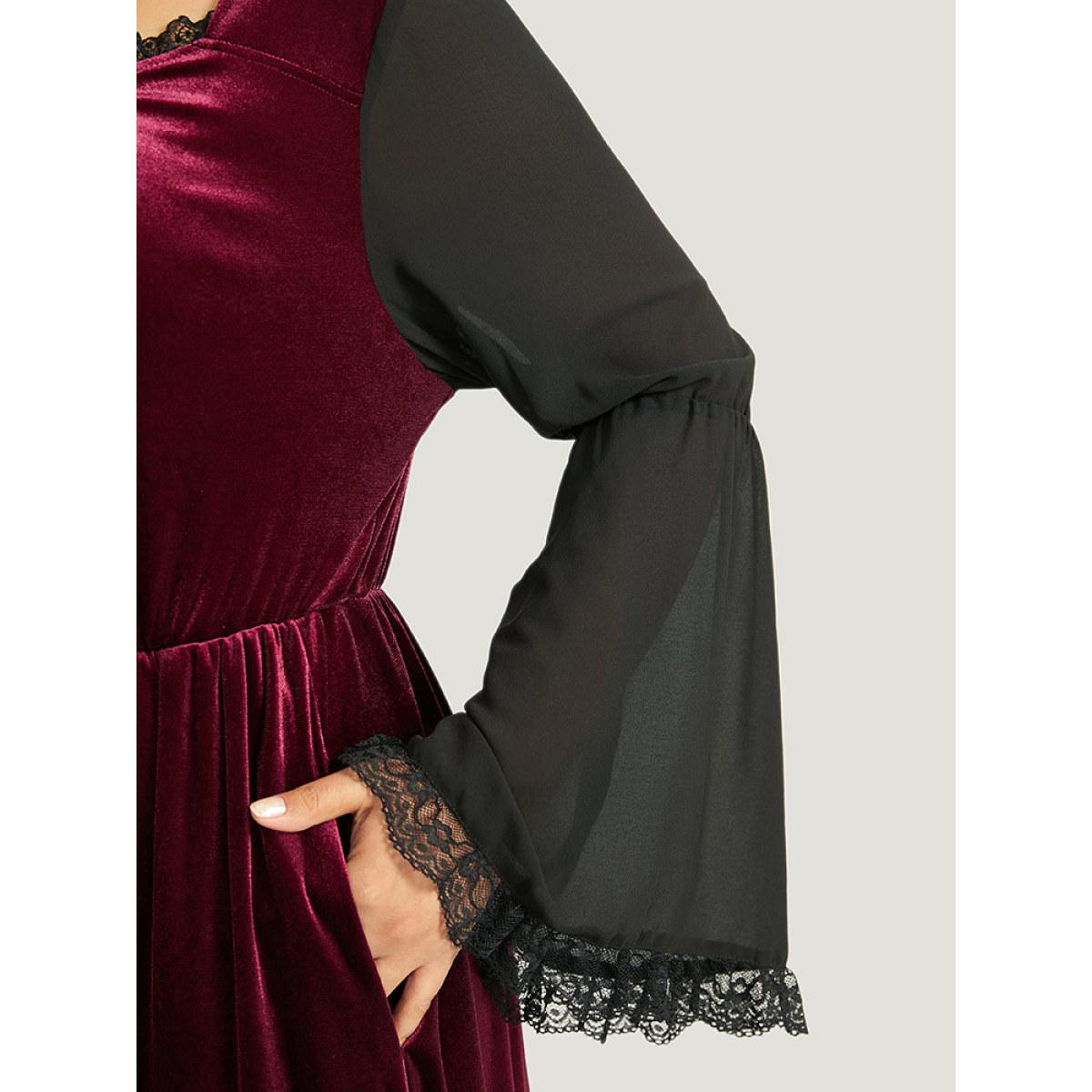 Plus Size Halloween Two Tone Velvet Ruched Lace Panel Bell Sleeve Dress Burgundy Women Elegant Gathered Square Neck Long Sleeve Curvy Midi Dress BloomChic 12/L Product Image
