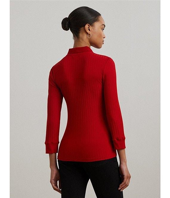 Lauren Ralph Lauren Ribbed Knit Point Collar 3/4 Sleeve Polo Shirt Product Image