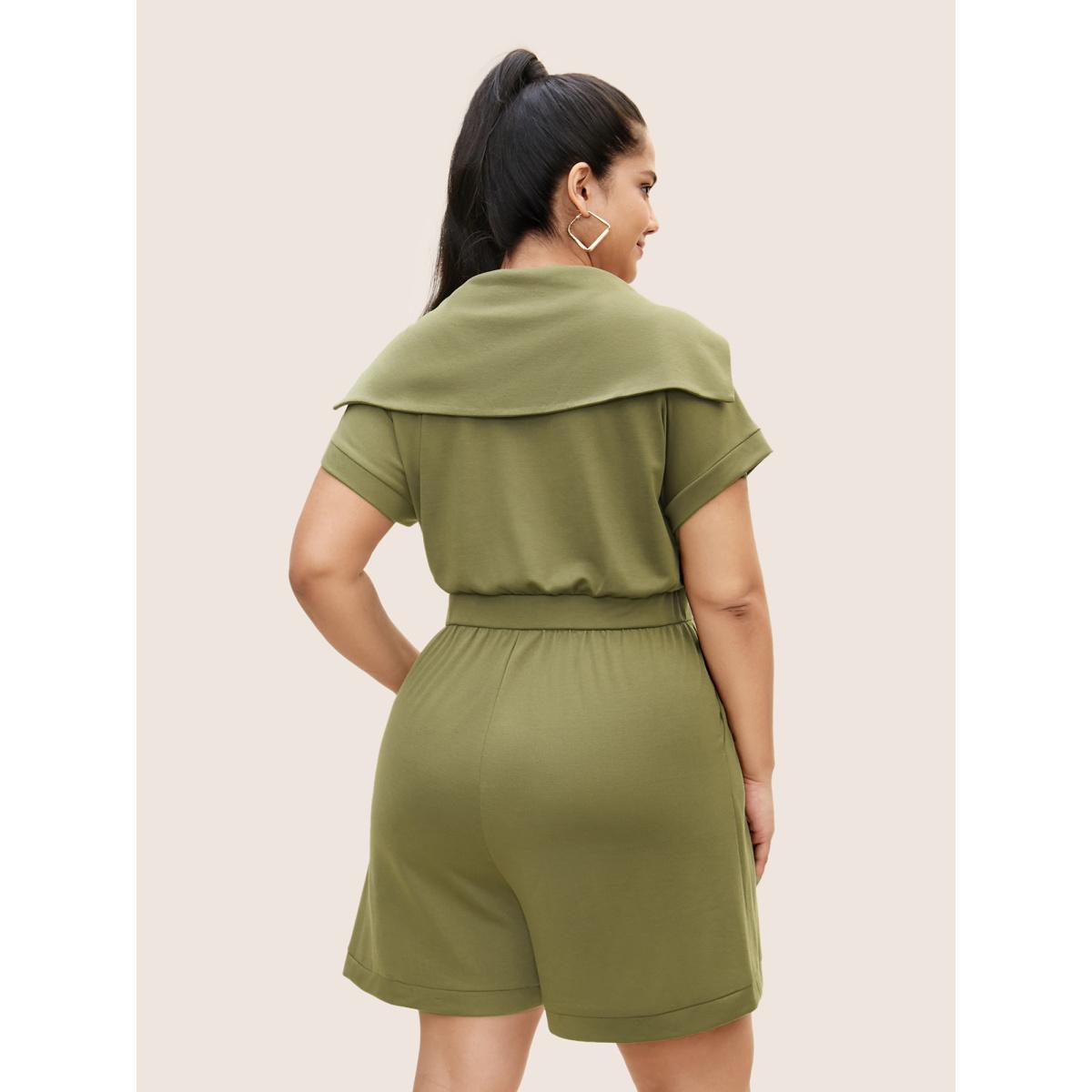 Plus Size Moss Plain Sailor Collar Half Zip Jumpsuit Women Casual Cap Sleeve Sailor Collar Everyday Loose Jumpsuits BloomChic 18-20/2X Product Image