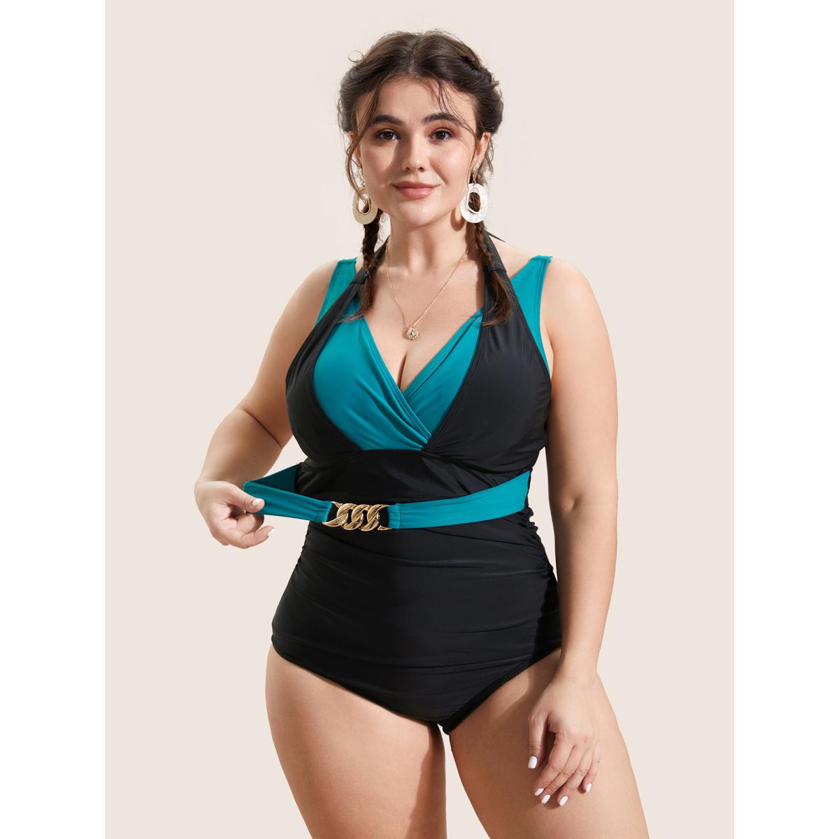 Plus Size Two Tone Metal Chain Detail One Piece Swimsuit Women's Swimwear Teal Beach Gathered Curve Bathing Suits High stretch One Pieces BloomChic 26/4X Product Image