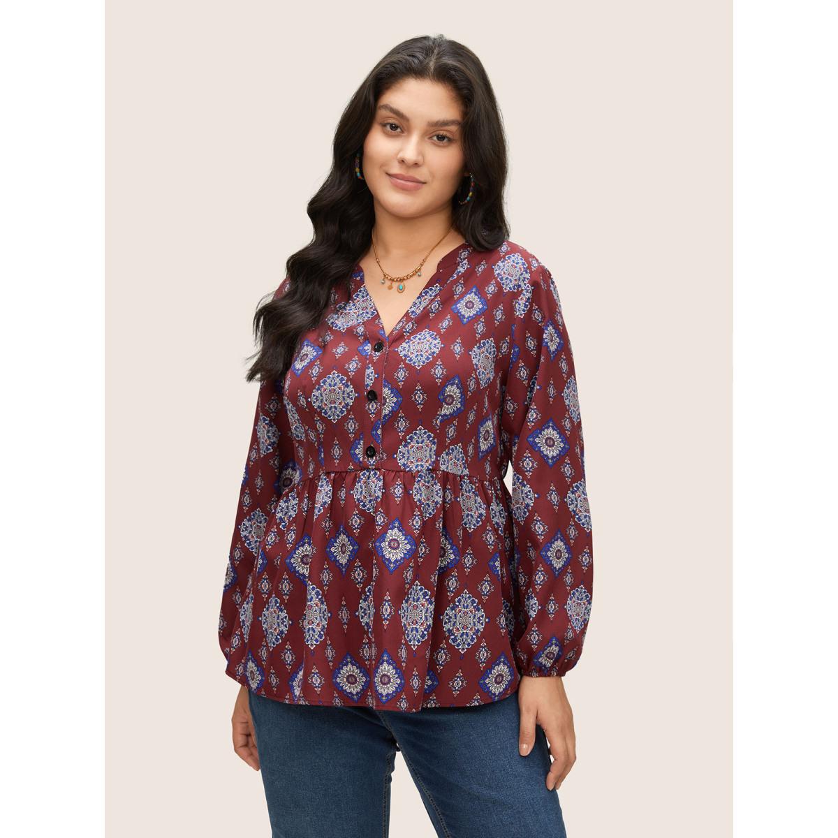 Plus Size Scarlet Boho Print Notched Lantern Sleeve Blouse Women Vacation Long Sleeve Notched collar Vacation Blouses BloomChic 28/5X Product Image