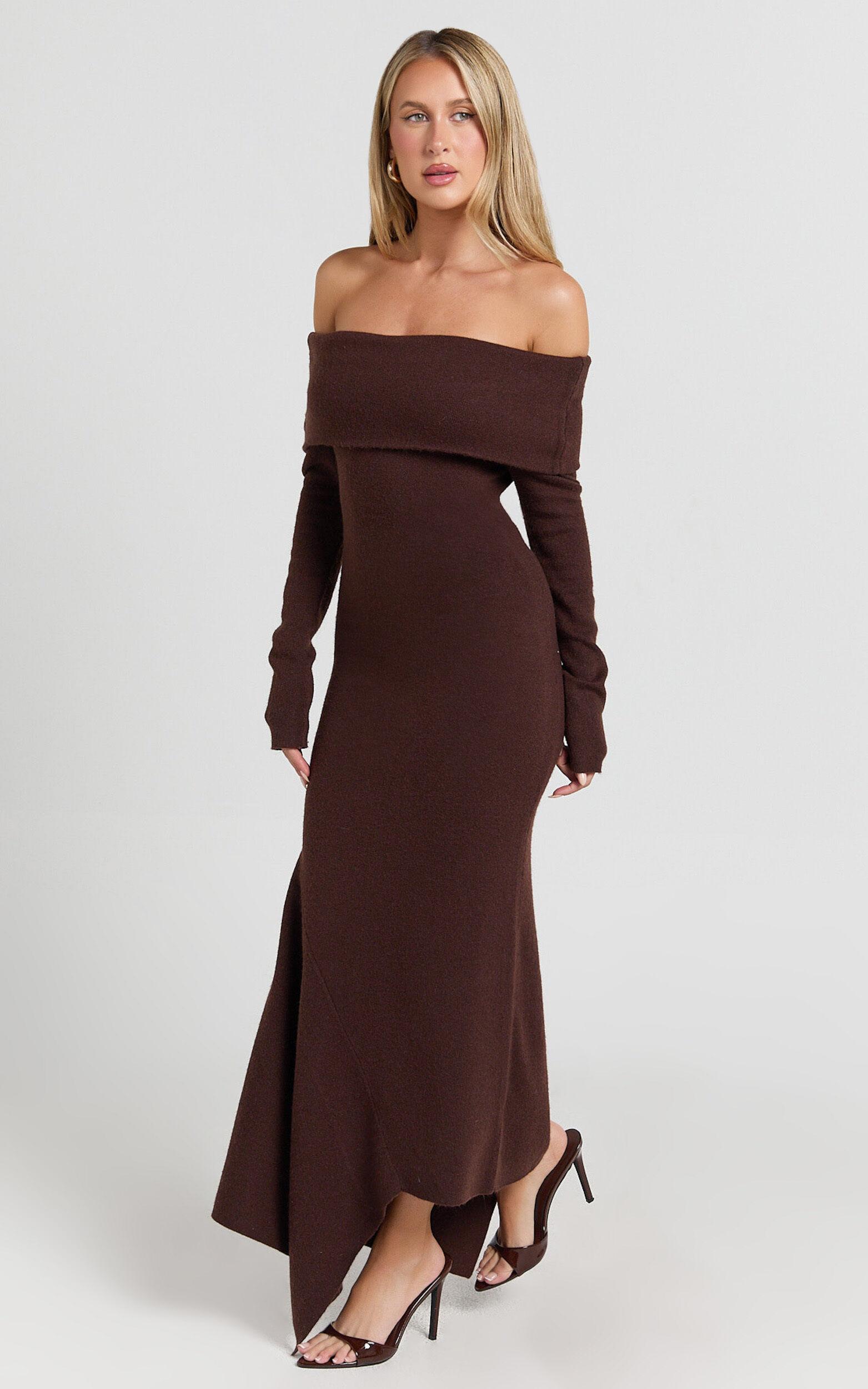 Karina Midi Dress - Long Sleeve Folded Off Shoulder Asymmetric Dress in Chocolate Product Image