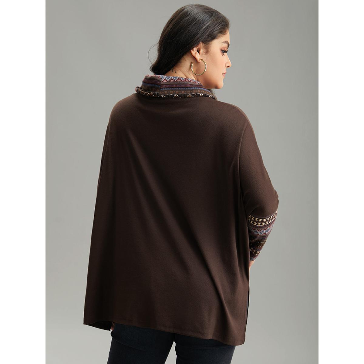 Plus Size Bandana Print Patchwork Turtle Neck T-shirt DarkBrown Women Casual Printed Bohemian Print Turtleneck Dailywear T-shirts BloomChic 26/4X Product Image