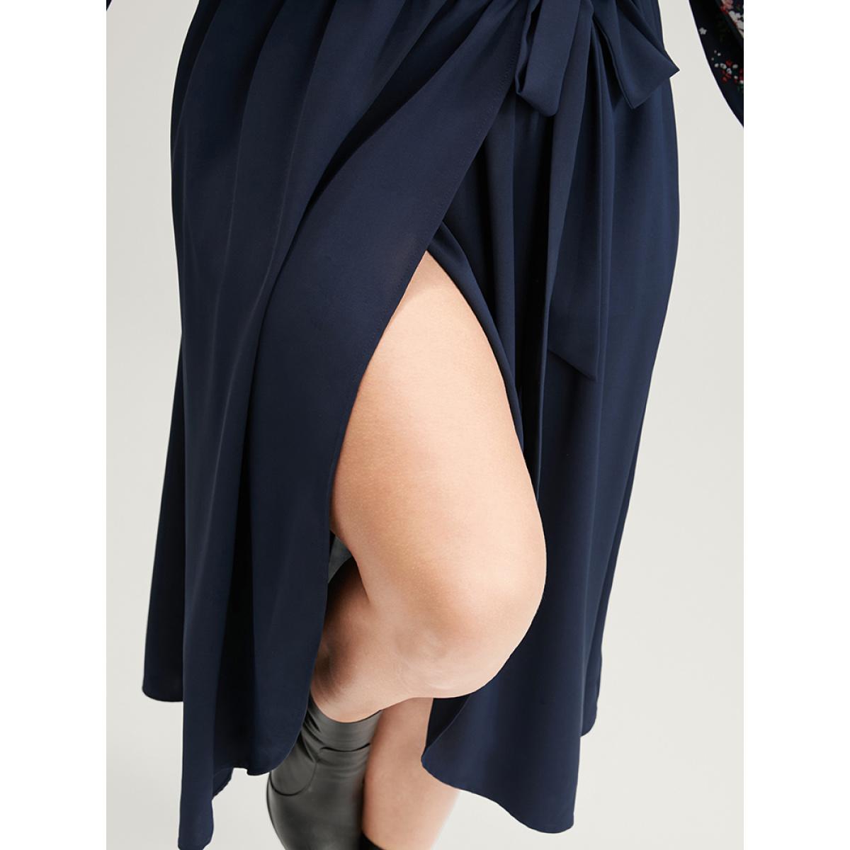Plus Size Floral Print Wrap Pocket Belted Split Dress DarkBlue Women Elegant Elastic Waist V-neck Long Sleeve Curvy Midi Dress BloomChic 12/L Product Image