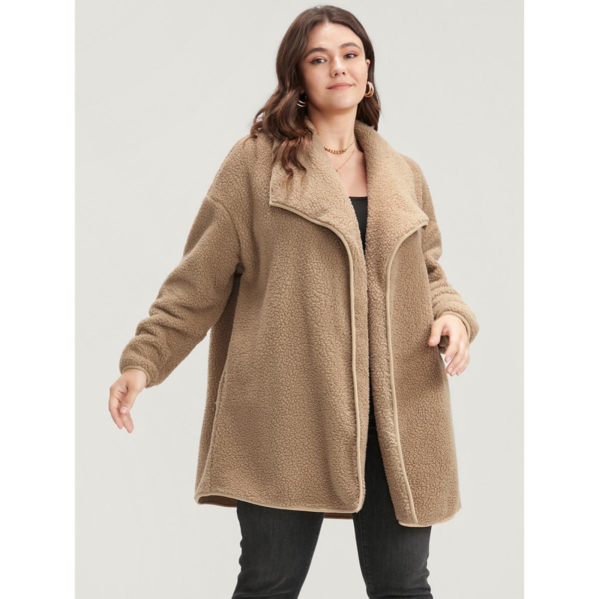 Plus Size Solid Pocket Open Front Teddy Coat Women LightBrown Casual Plain Loose Ladies Dailywear Winter Coats BloomChic 14-16/1X Product Image