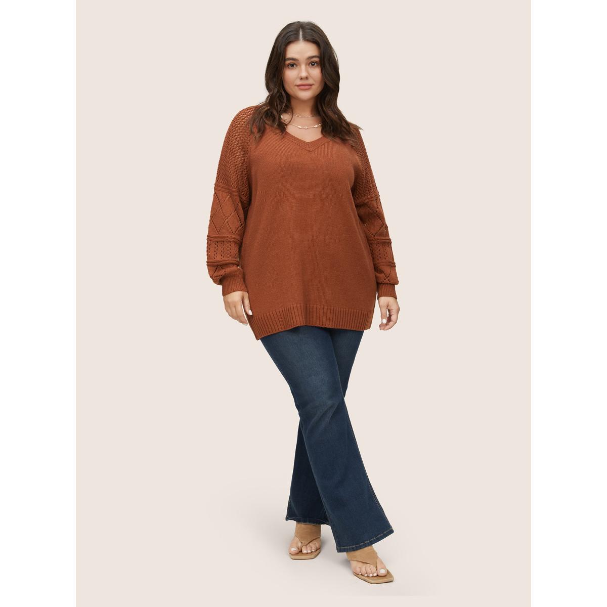 Plus Size Geometric Hollow Out Raglan Sleeve Pullover Chocolate Women Casual Long Sleeve V-neck Everyday Pullovers BloomChic 30/6X Product Image