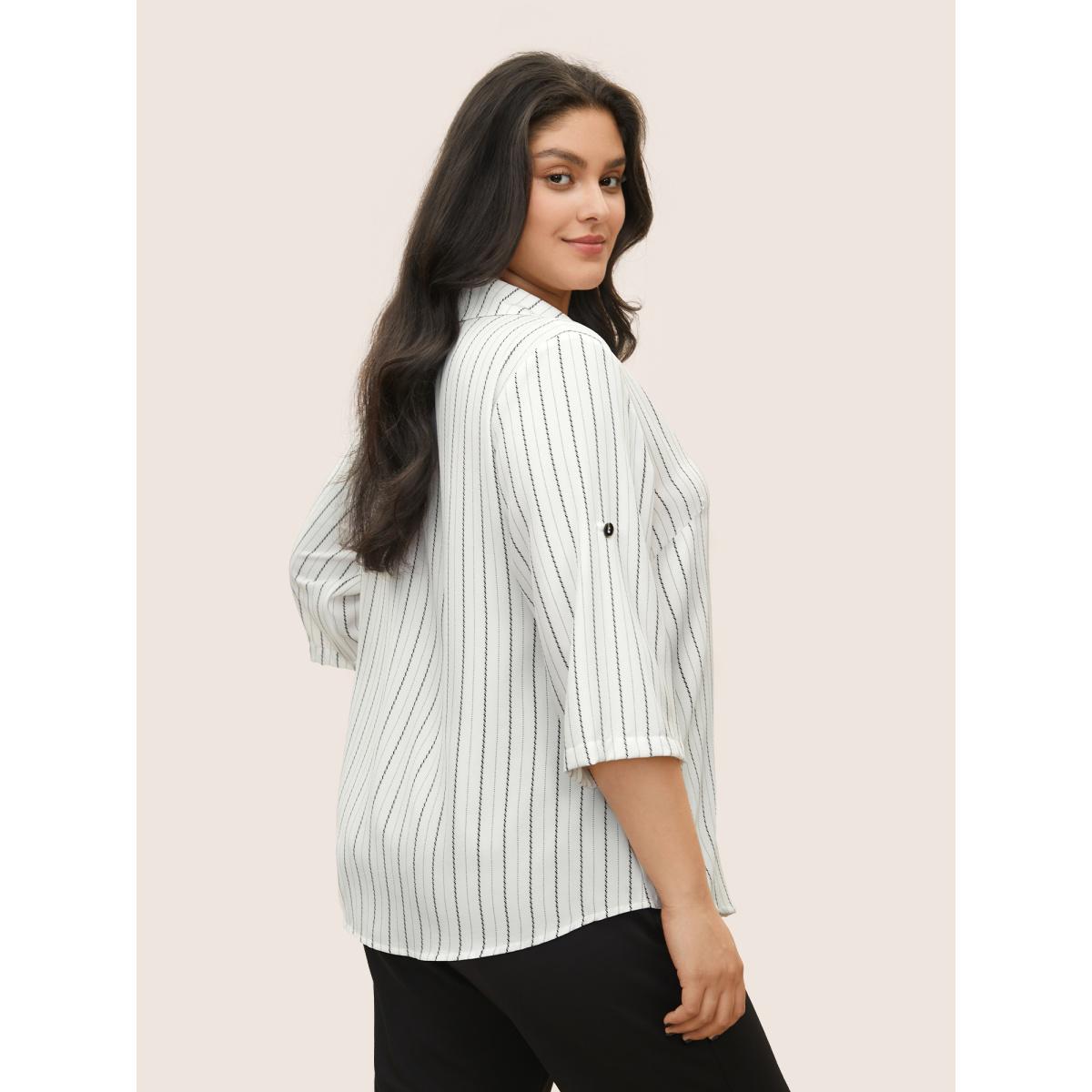 Plus Size White Striped Button Detail Asymmetrical Hem Blouse Women At the Office Elbow-length sleeve Shirt collar Work Blouses BloomChic 14-16/1X Product Image