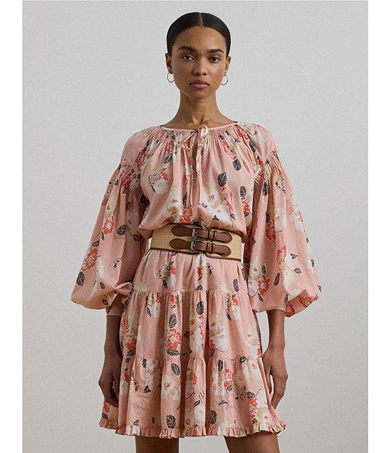 Lauren Ralph Lauren Voile Floral Print V-Neck Long Sleeves Tiered A-Line Dress Product Image
