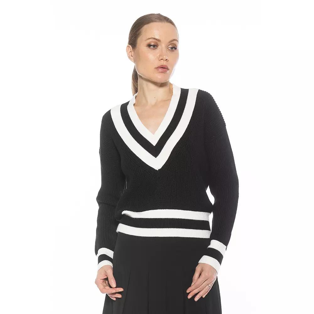 Women's ALEXIA ADMOR Leona Long Sleeve V-Neck Varsity Polo Sweater, Size: Large, Black Ivory Product Image