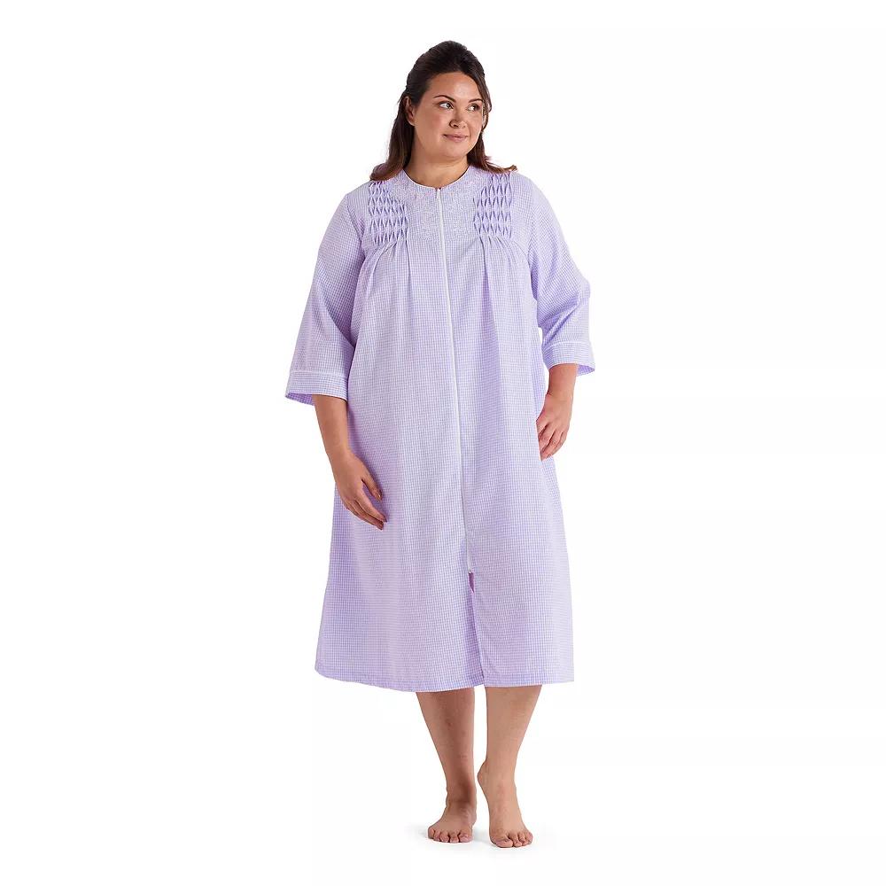 Plus Size Miss Elaine Essentials Seersucker Long Zip Robe, Women's, Size: 2XL, Purple White Check Product Image