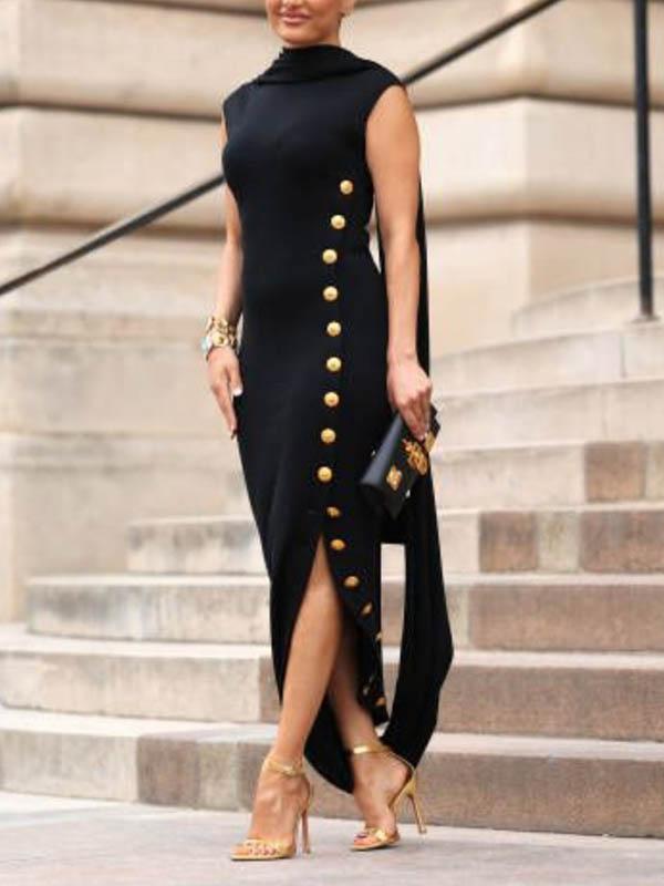 Loose Sleeveless Solid Color Split-side Shawl Collar Maxi Dresses Product Image