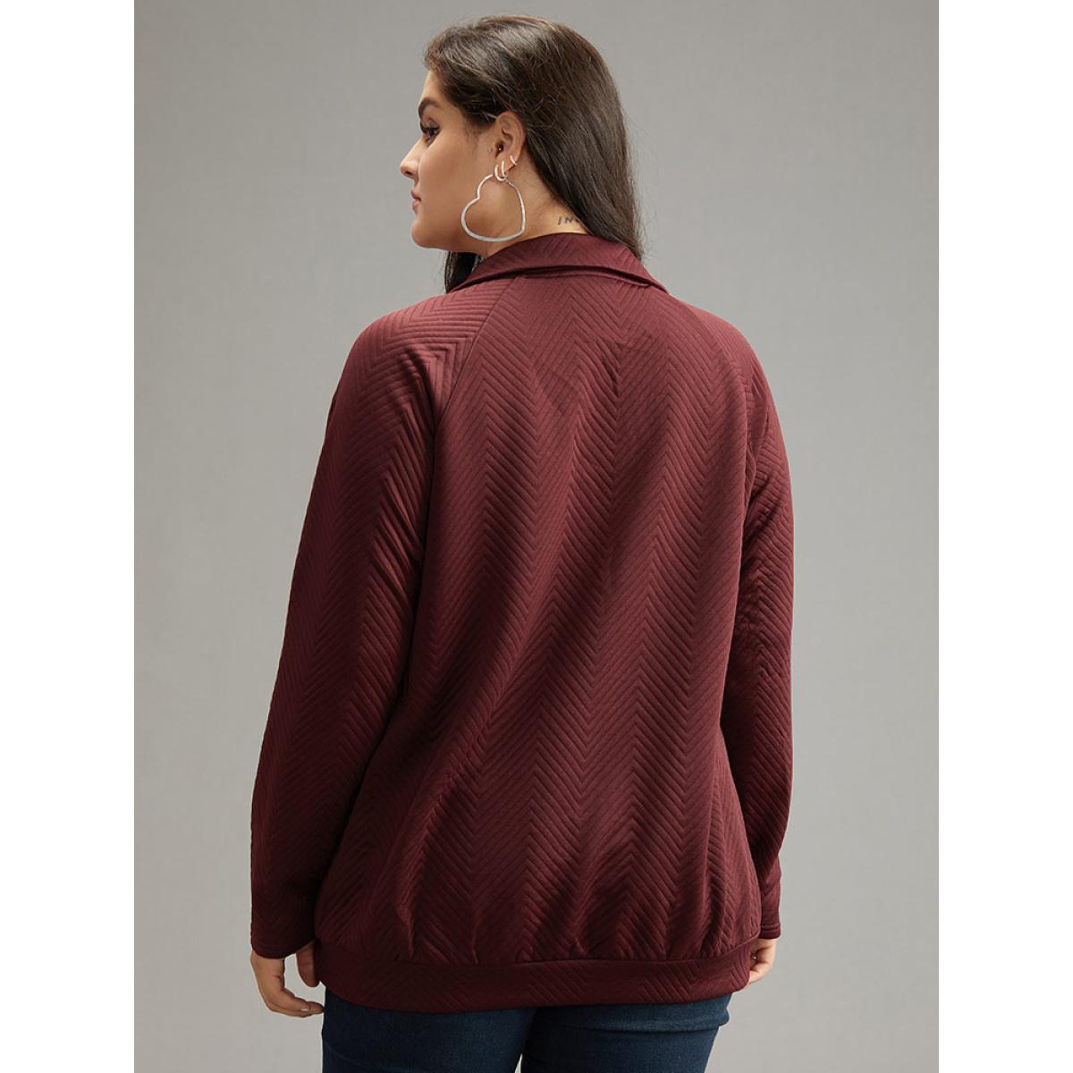 Plus Size Solid Plisse Pocket Button Up Sweatshirt Women Burgundy Casual Texture Polo Dailywear Sweatshirts BloomChic 22-24/3X Product Image