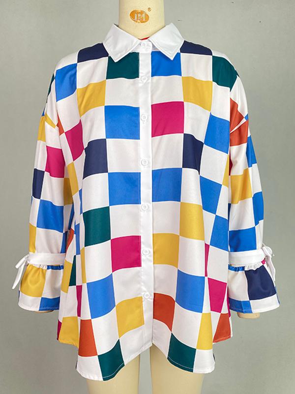 Long Sleeves Loose Buttoned Contrast Color Plaid Tied Stand Collar Blouses&Shirts Tops Product Image