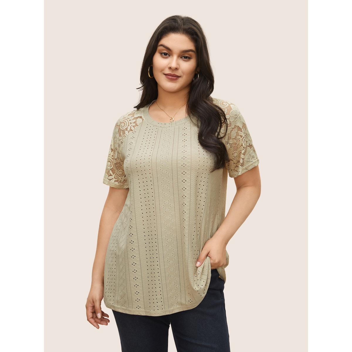 Plus Size Solid Broderie Anglaise Lace Raglan Sleeve T-shirt Champagne Women Elegant See through Plain Round Neck Everyday T-shirts BloomChic 12/L Product Image