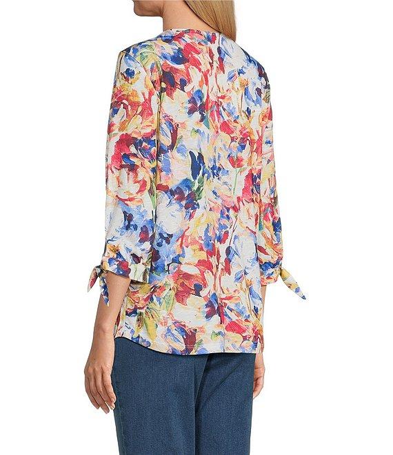 Allison Daley Flower Swirl 3/4 Tie Sleeve Keyhole Neck Knit Top Product Image