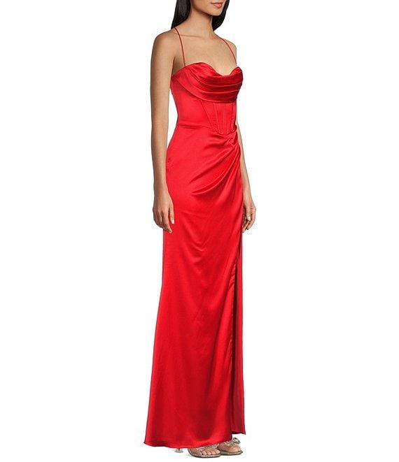 GB Social Corset Cowl Neck Lace-Up Back Slit Hem Satin Long Dress Product Image