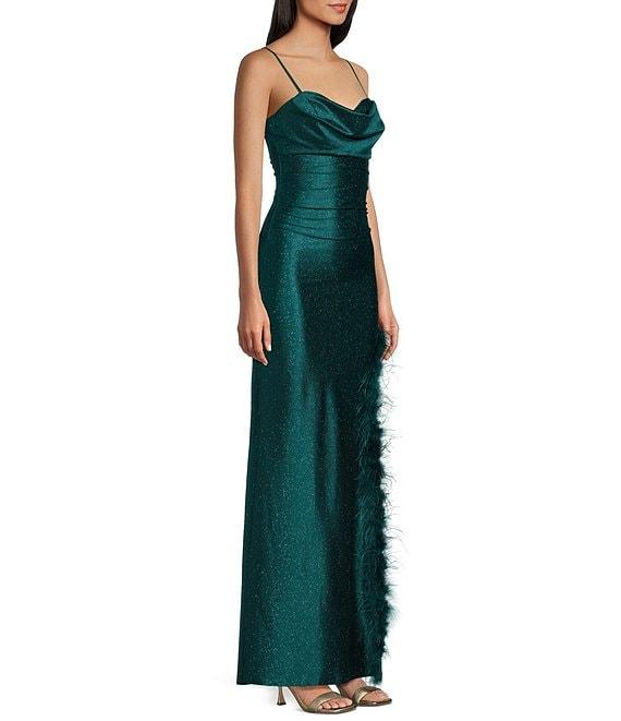 Honey and Rosie Drape Sweetheart Neck Side Slit Faux Feather Boa Trim Long Dress Product Image