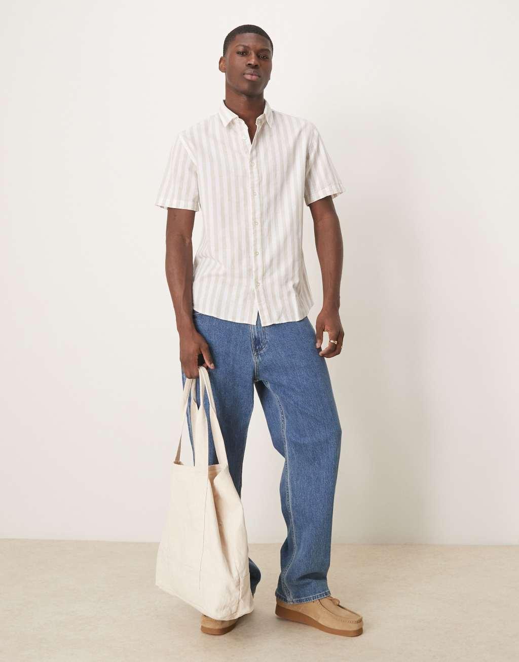 Selected Homme linen blend short sleeve shirt in cream stripe Product Image