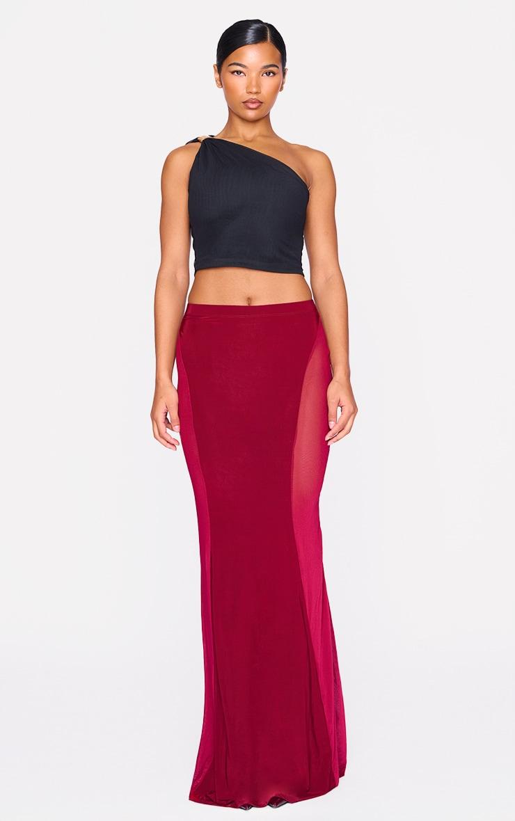 Burgundy Slinky Mesh Detail Maxi Skirt Product Image