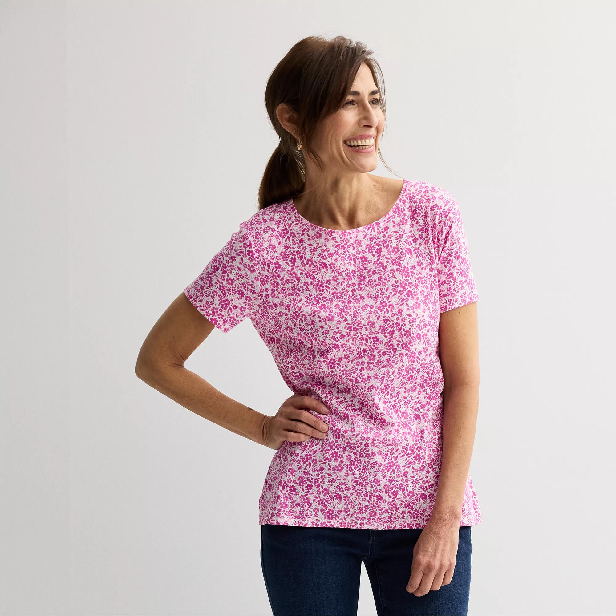 Petite Croft & Barrow® Essential Crewneck Tee, Women's, Size: XXL Petite, Pink Ditsy Floral Product Image