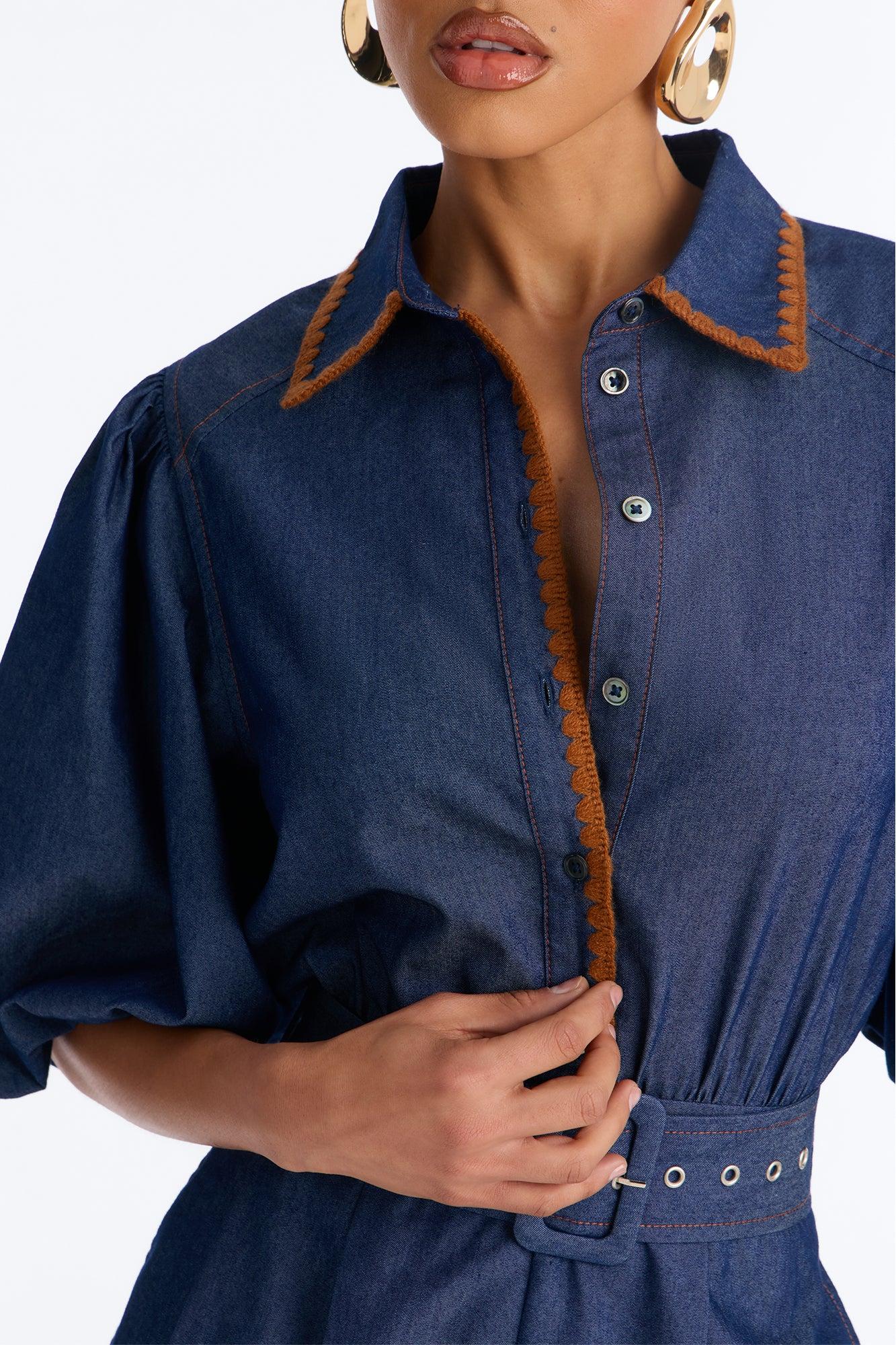 Jaika Denim Embroidered Romper - Dark Wash Female Product Image